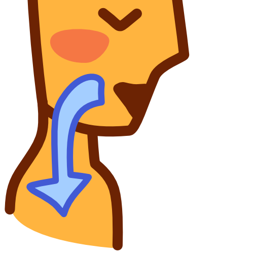 A chest up profile view of yellow figure shows a curved blue arrow pointing down its throat from its mouth. It has an eye the shape of a wide V, and a triangular shaped mouth. The image has dark line art. 